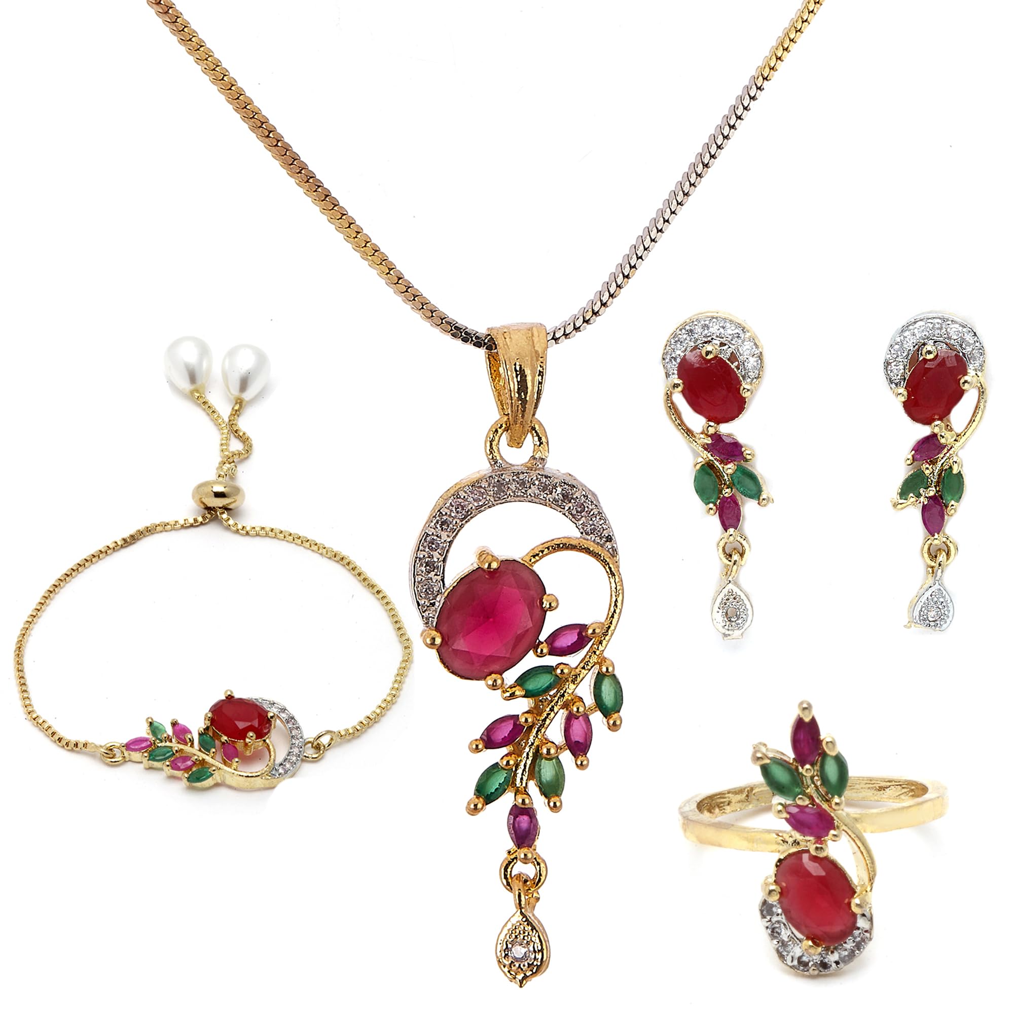 Alorajewels -  Jewellery Set American Diamond Gold Plated Traditional Style Necklace Pendant Set, Ring, Bracelet with Earring Jewellery for Women and Girls