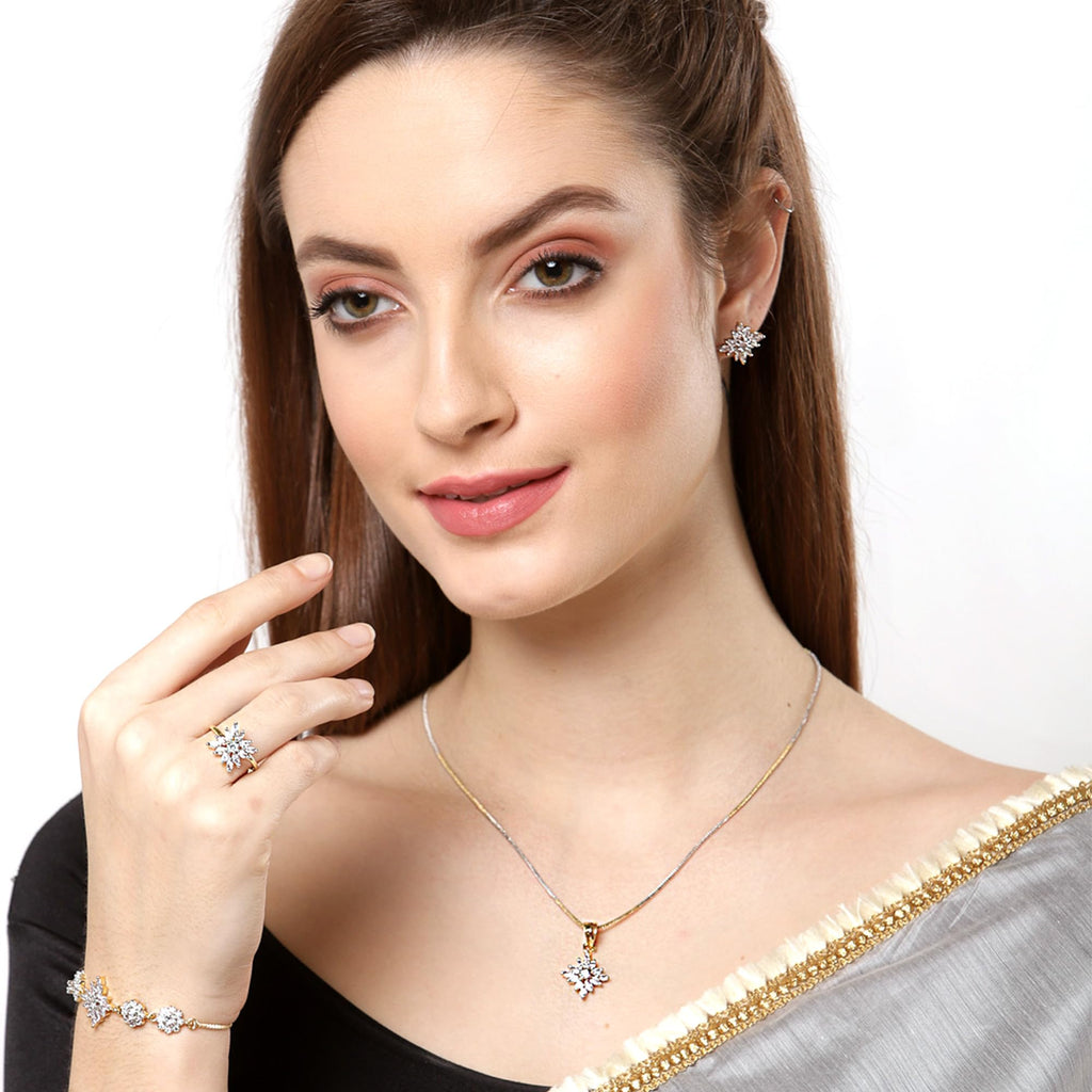 Alorajewels - Jewellery Set for Women American Diamond Necklace Set with Earrings, Bracelet and Ring Jewellery for Girls and Women