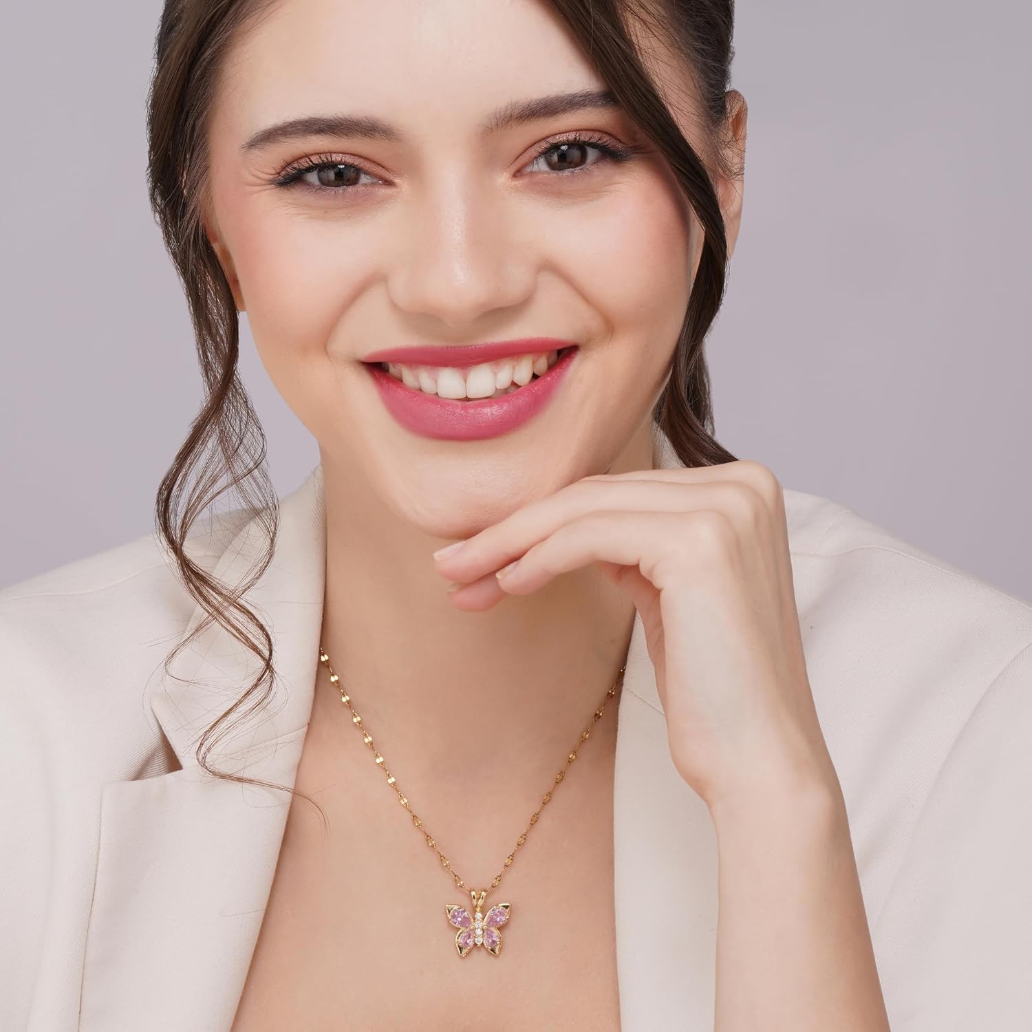 Alorajewels - Stainless Steel Coquette Pink Butterfly Pendant Necklace for Women