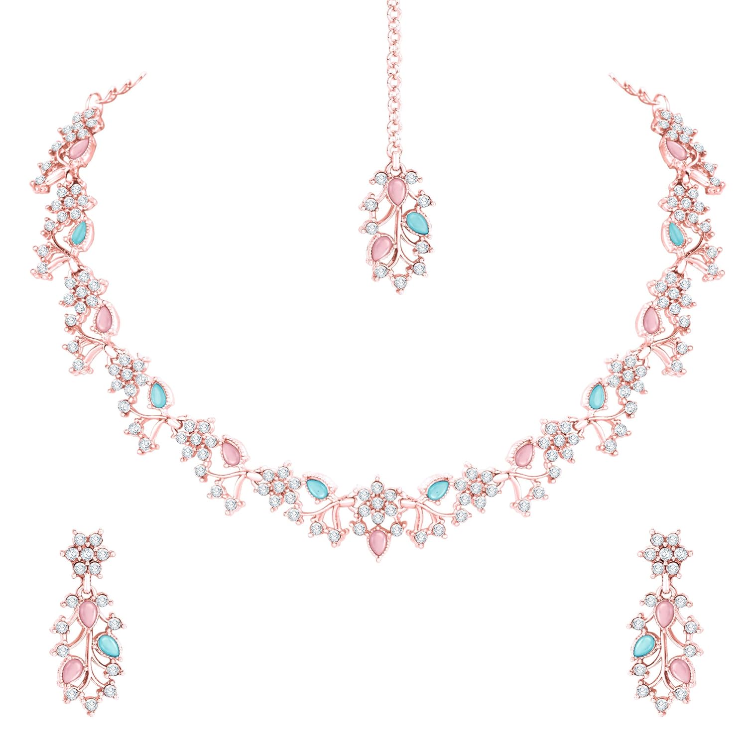 Alorajewels -  American Diamond AD with Colorful Crystal Necklace Jewellery Set for Women/Girls | Perfect for Weddings, Parties & Festive Occasions
