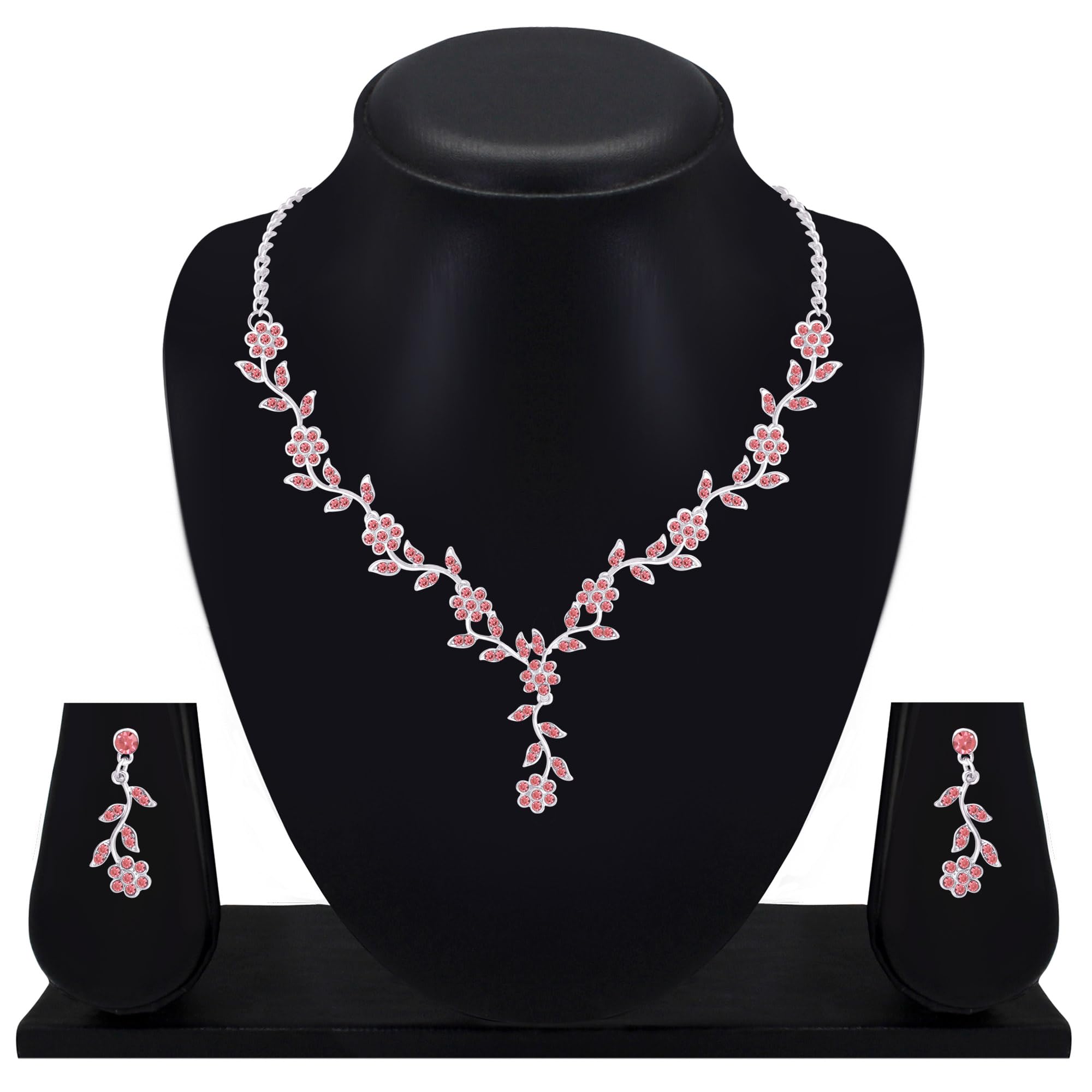 Atasi International American Diamond Style Silver Plated Necklace with Earrings Jewellery Set for Women – Perfect for Party, Wedding, and Engagement ALORAJEWELS