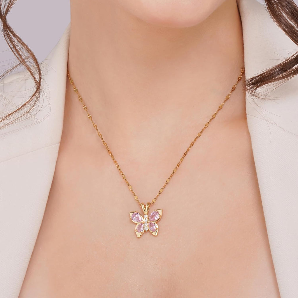 Alorajewels - Stainless Steel Coquette Pink Butterfly Pendant Necklace for Women