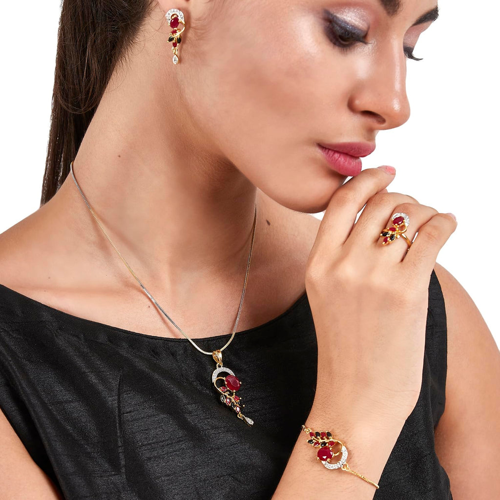 Alorajewels -  Jewellery Set American Diamond Gold Plated Traditional Style Necklace Pendant Set, Ring, Bracelet with Earring Jewellery for Women and Girls