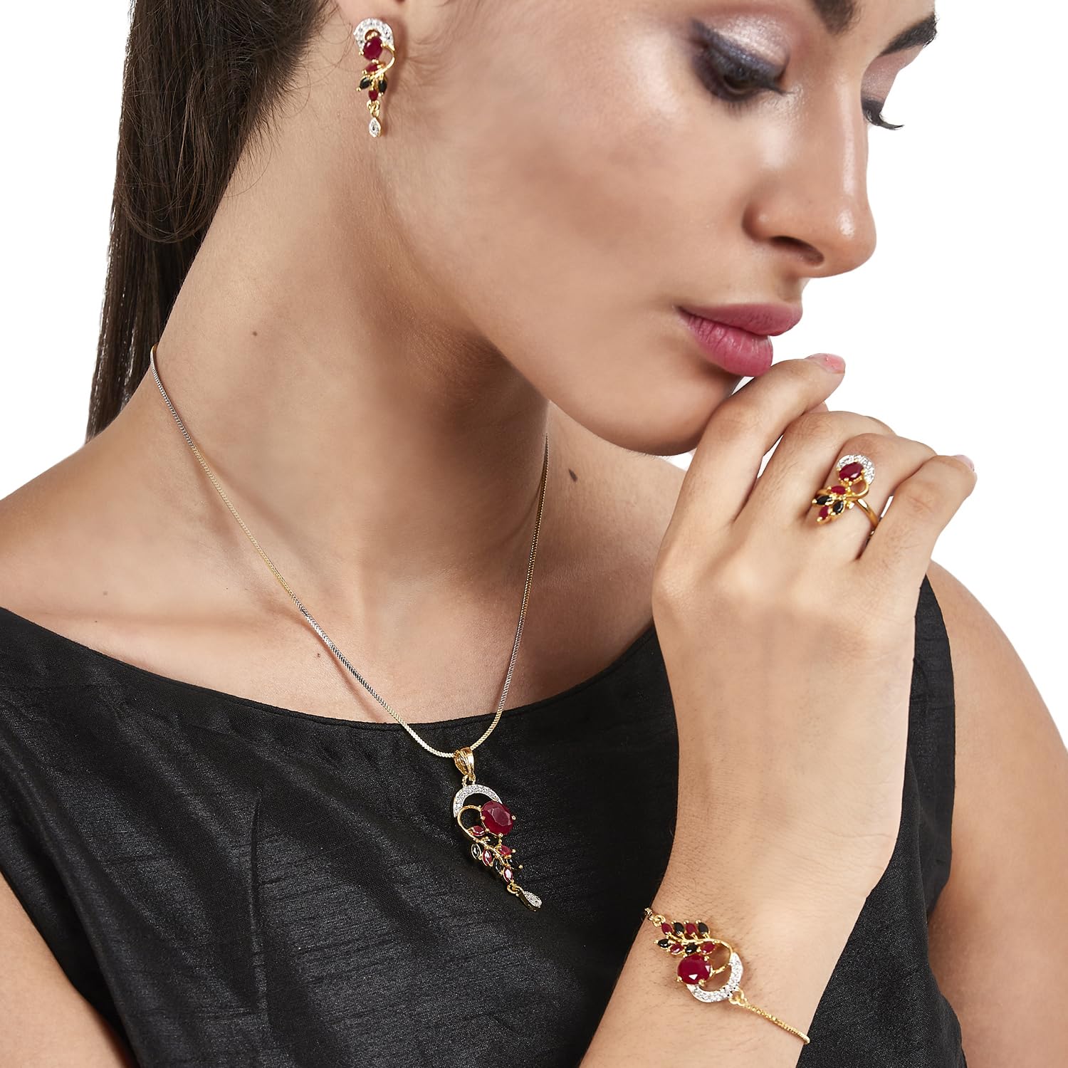 Alorajewels -  Jewellery Set American Diamond Gold Plated Traditional Style Necklace Pendant Set, Ring, Bracelet with Earring Jewellery for Women and Girls