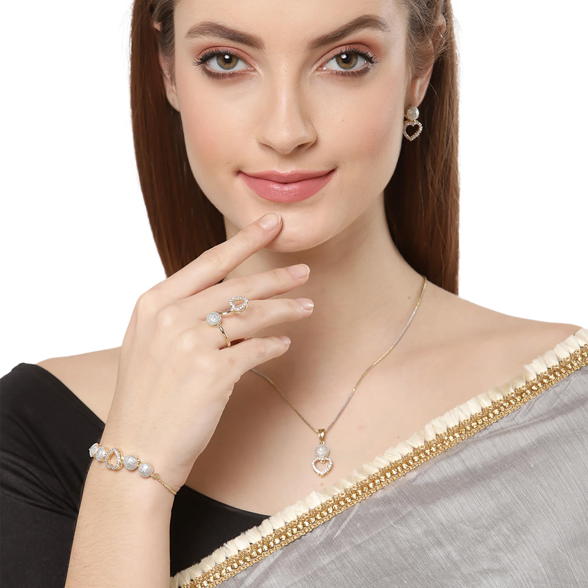 Alorajewels - Jewellery Set for Women American Diamond Necklace Set with Earrings, Bracelet and Ring Jewellery for Girls and Women