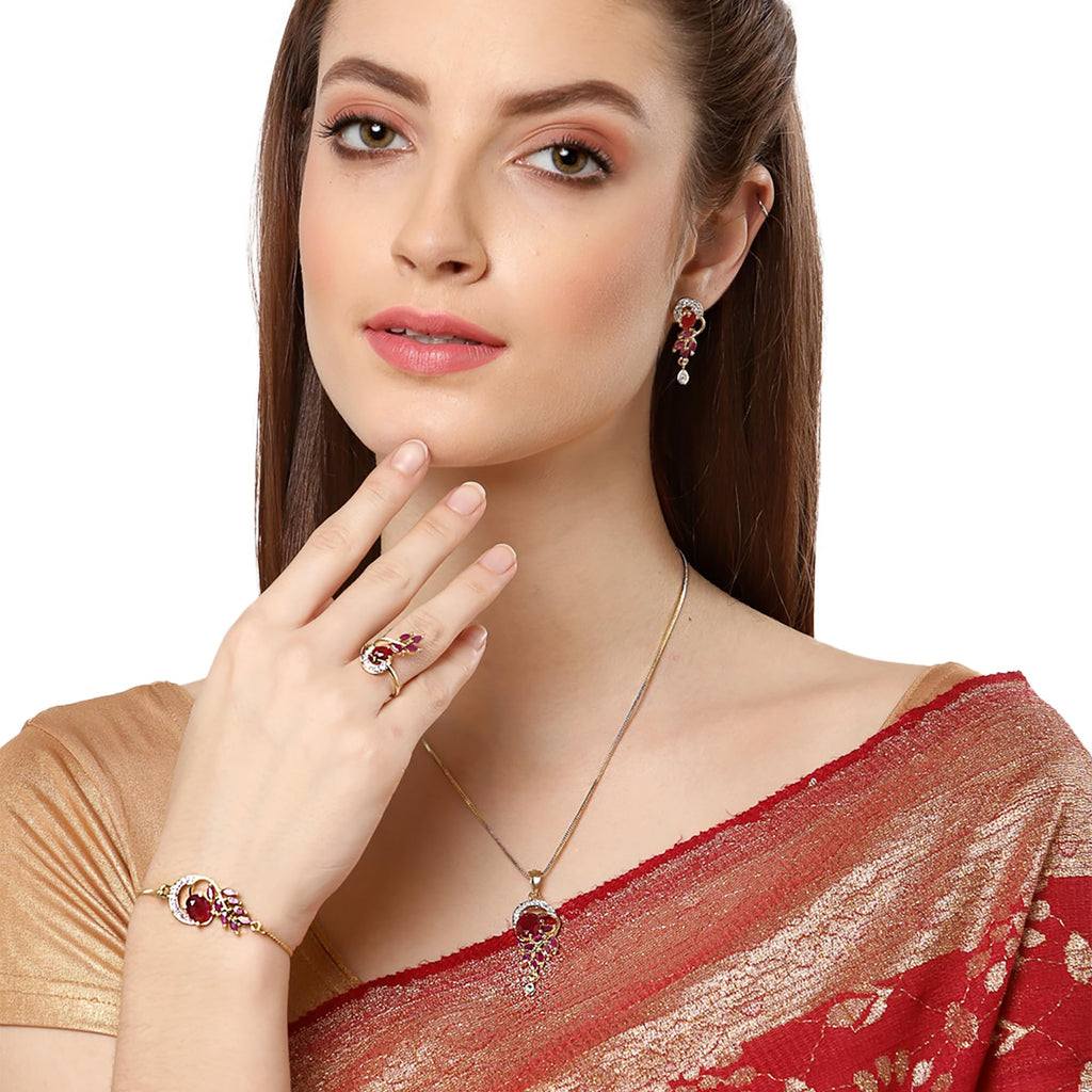 Alorajewels -  Jewellery Set American Diamond Gold Plated Traditional Style Necklace Pendant Set, Ring, Bracelet with Earring Jewellery for Women and Girls