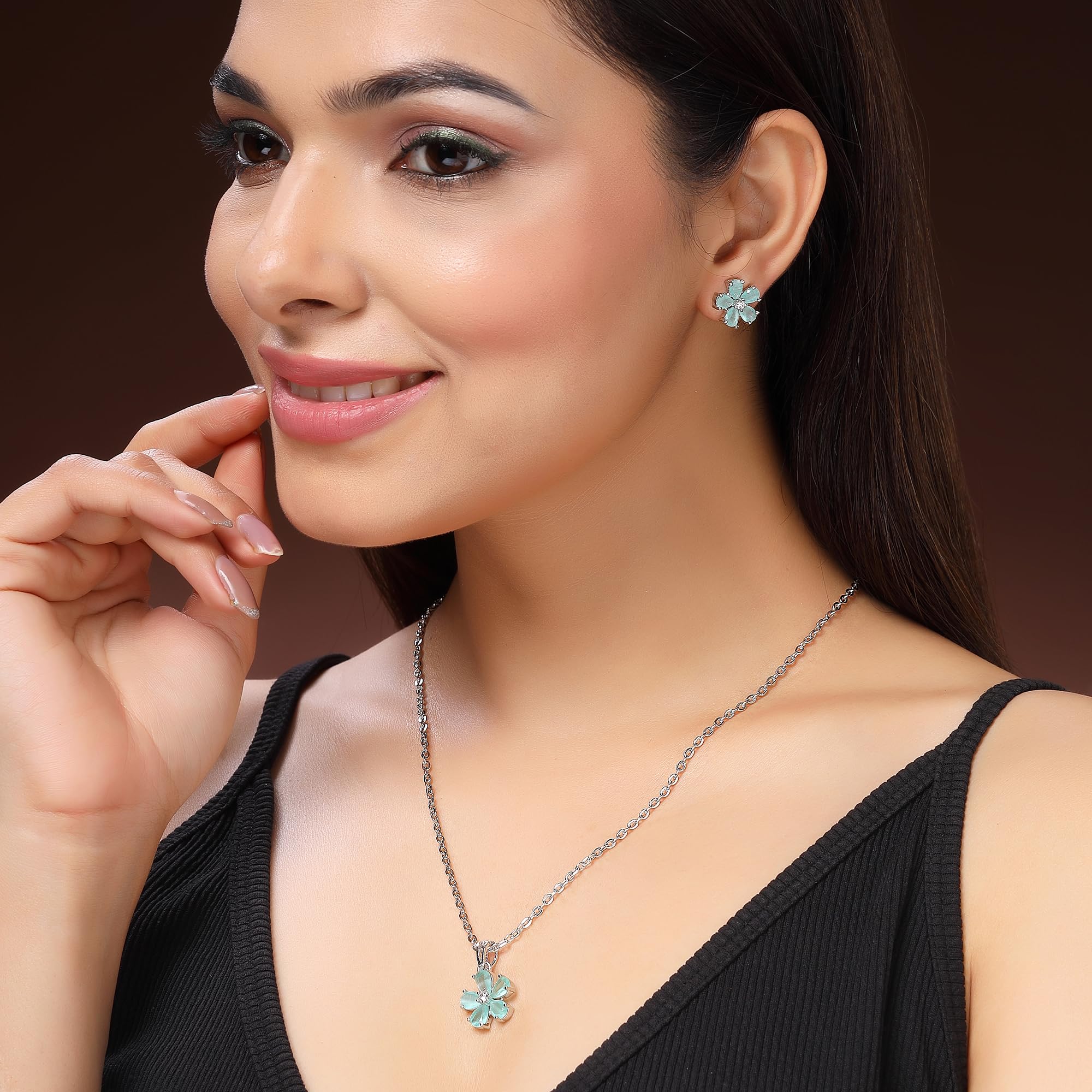 Alorajewels - Rhodium Plated Silver Toned American Diamond Studded Floral Shaped Pendant Chain With Earrings Jewellery Set For Women And Girls