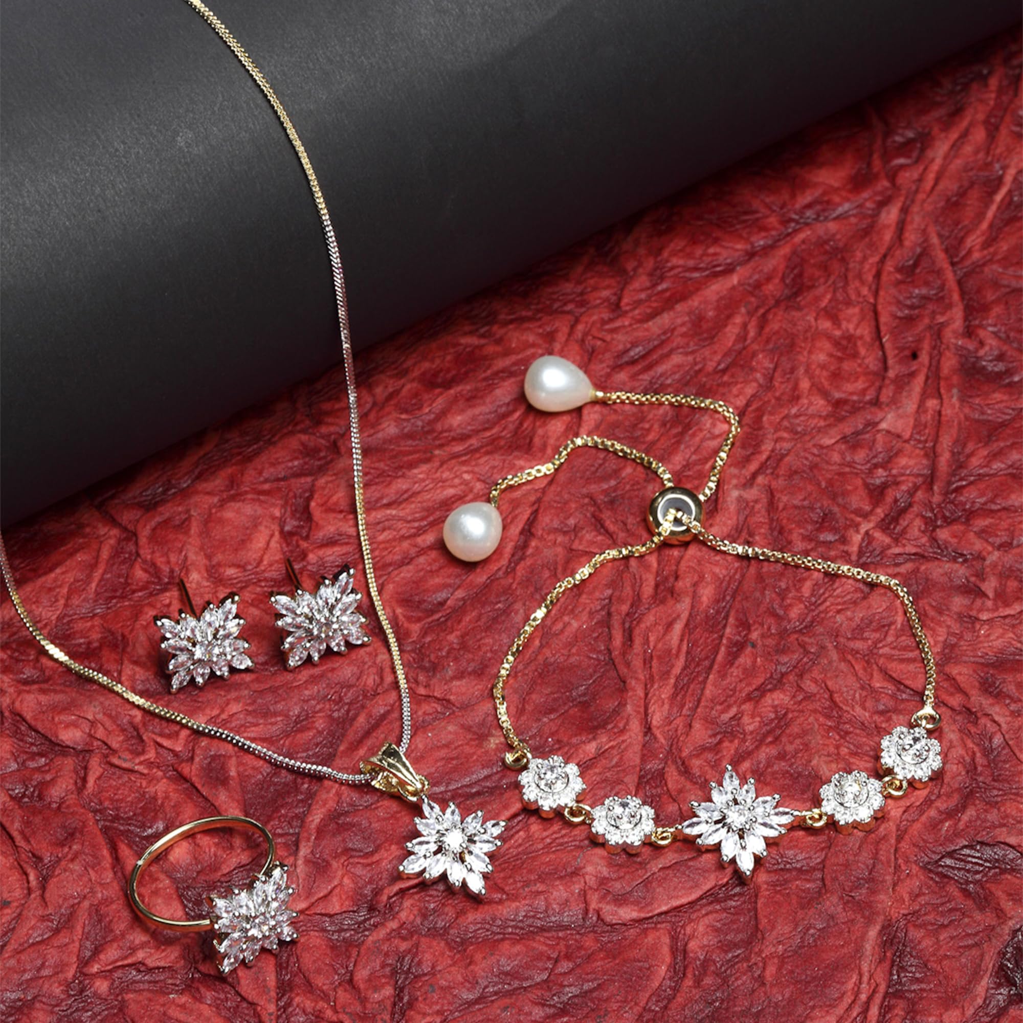 Alorajewels - Jewellery Set for Women American Diamond Necklace Set with Earrings, Bracelet and Ring Jewellery for Girls and Women