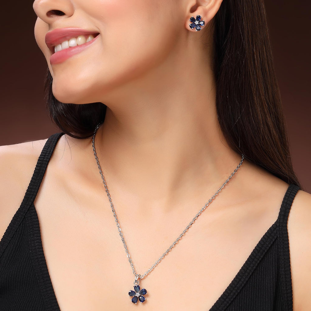 Alorajewels - Rhodium Plated Silver Toned American Diamond Studded Floral Shaped Pendant Chain With Earrings Jewellery Set For Women And Girls