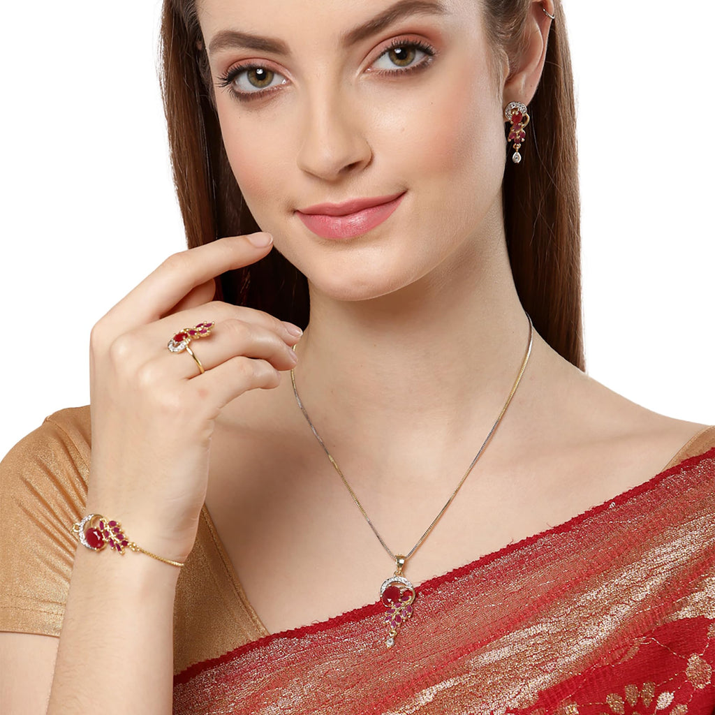 Alorajewels -  Jewellery Set American Diamond Gold Plated Traditional Style Necklace Pendant Set, Ring, Bracelet with Earring Jewellery for Women and Girls