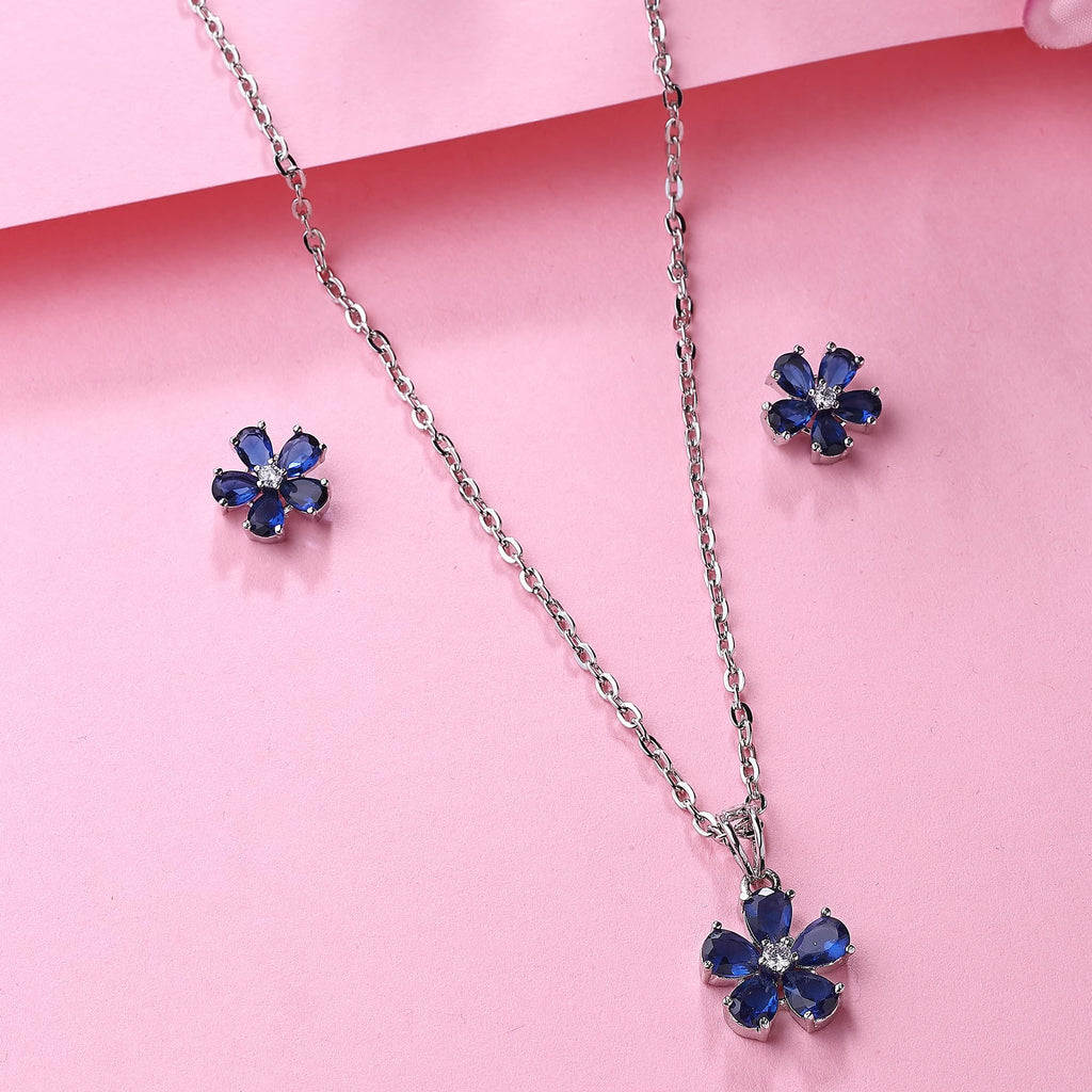 Alorajewels - Rhodium Plated Silver Toned American Diamond Studded Floral Shaped Pendant Chain With Earrings Jewellery Set For Women And Girls