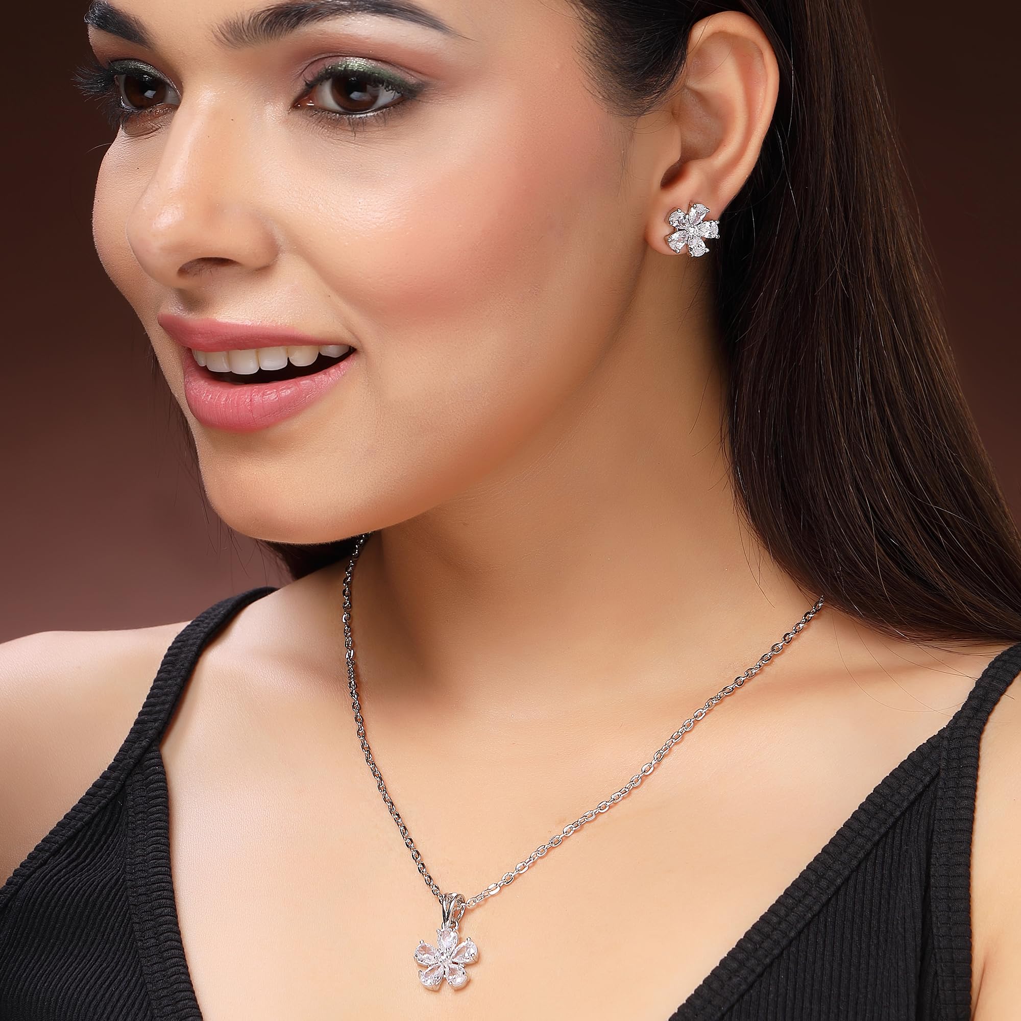 Alorajewels - Rhodium Plated Silver Toned American Diamond Studded Floral Shaped Pendant Chain With Earrings Jewellery Set For Women And Girls