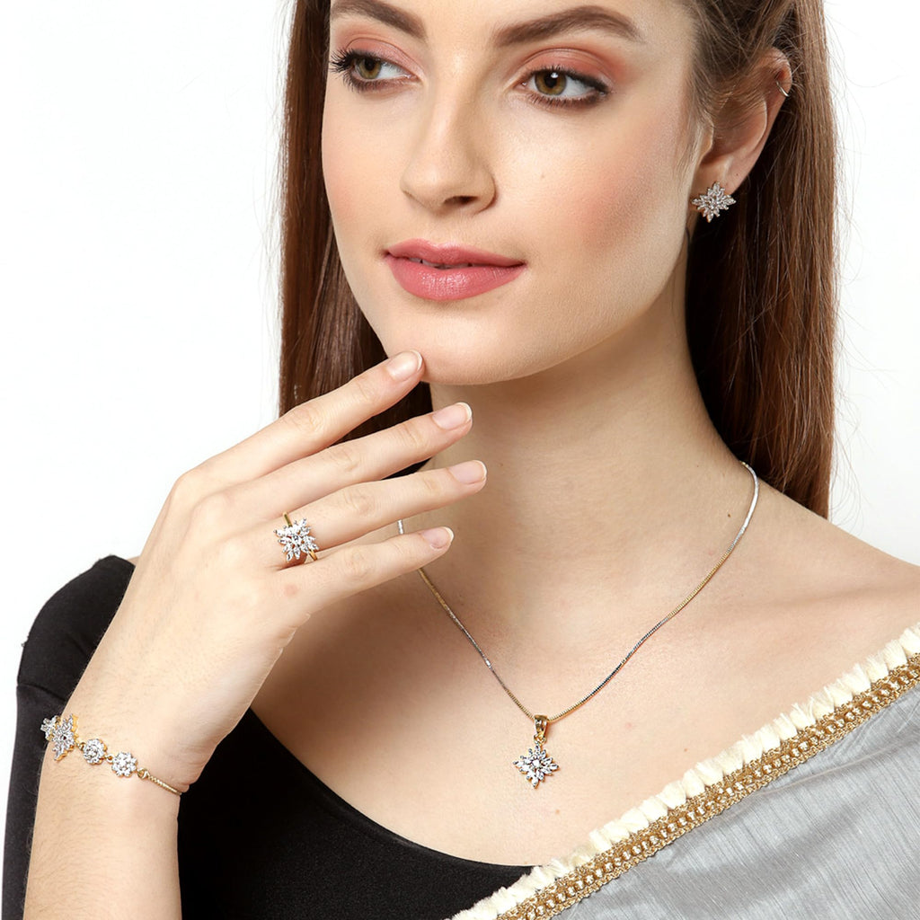 Alorajewels - Jewellery Set for Women American Diamond Necklace Set with Earrings, Bracelet and Ring Jewellery for Girls and Women