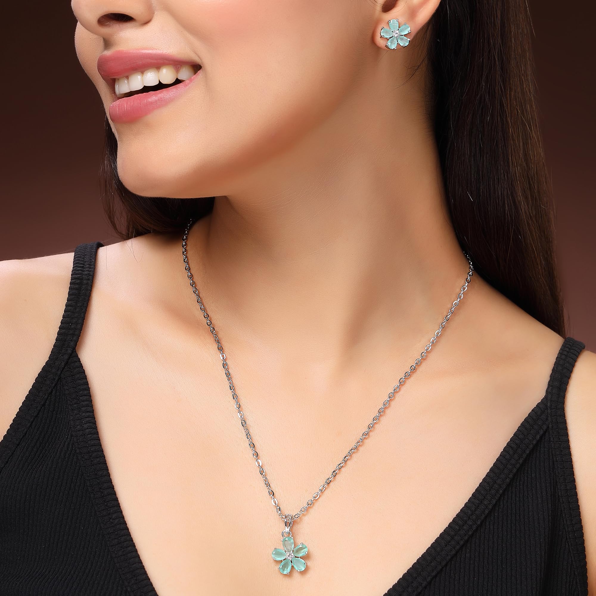 Alorajewels - Rhodium Plated Silver Toned American Diamond Studded Floral Shaped Pendant Chain With Earrings Jewellery Set For Women And Girls