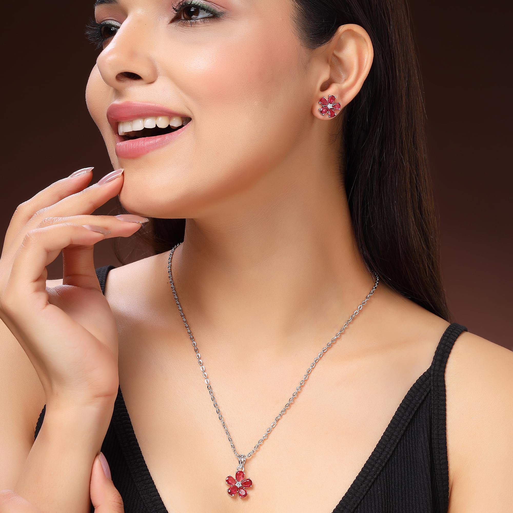 Alorajewels - Rhodium Plated Silver Toned American Diamond Studded Floral Shaped Pendant Chain With Earrings Jewellery Set For Women And Girls