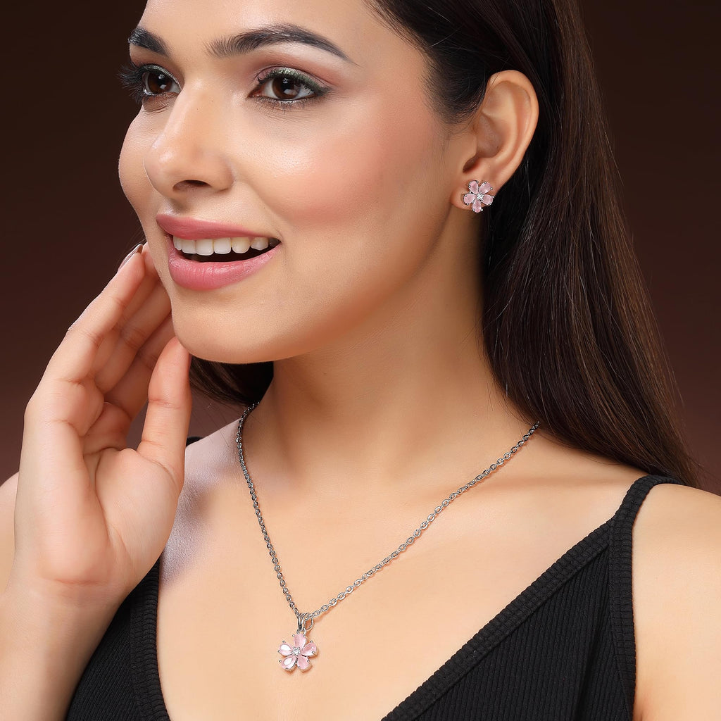Alorajewels - Rhodium Plated Silver Toned American Diamond Studded Floral Shaped Pendant Chain With Earrings Jewellery Set For Women And Girls