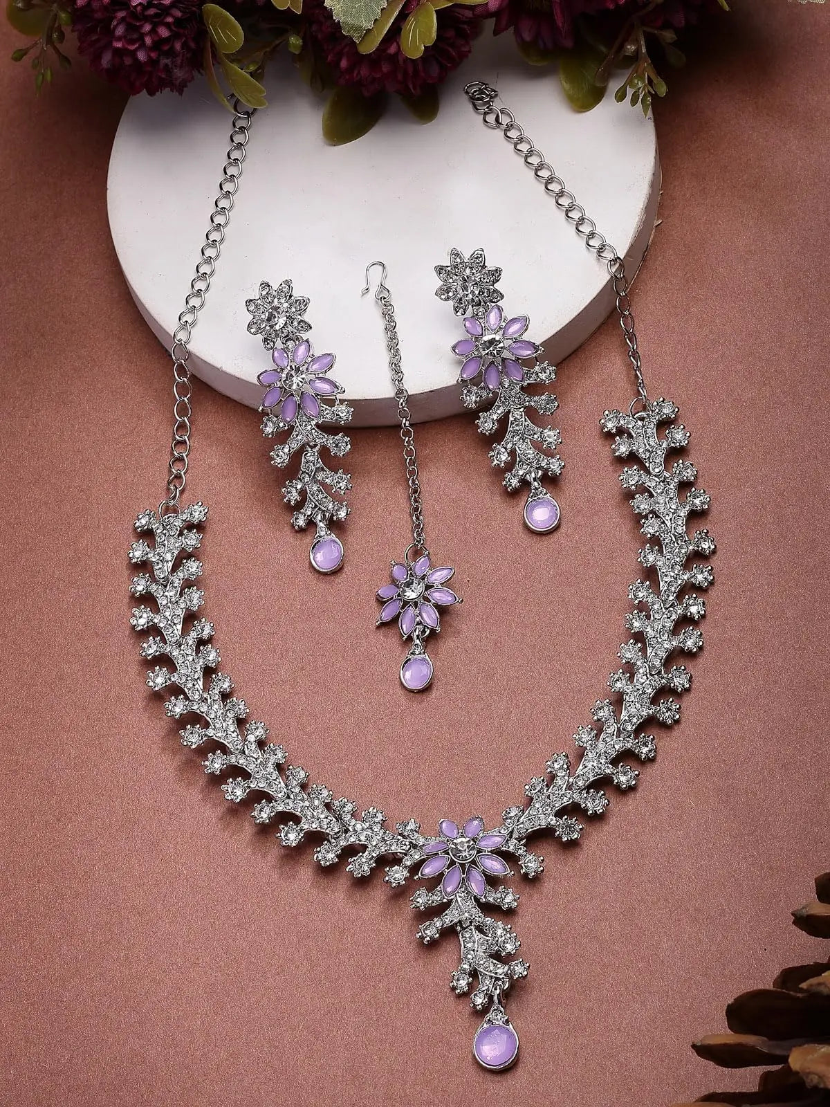 Sukkhi Charming AD Diamonds Studded Floral Choker Necklace with Danlge Earrings Maangtikka Jewellery Set for Women & Girls ALORAJEWELS