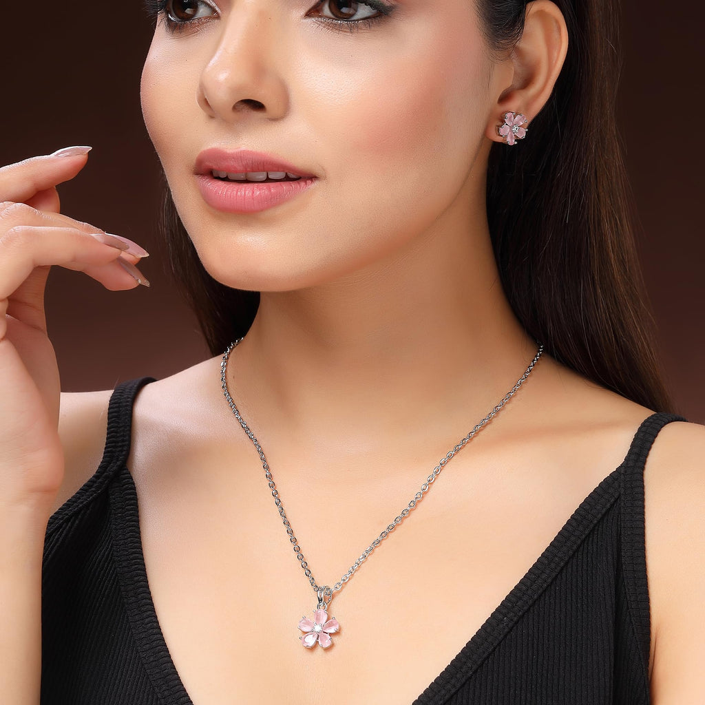 Alorajewels - Rhodium Plated Silver Toned American Diamond Studded Floral Shaped Pendant Chain With Earrings Jewellery Set For Women And Girls