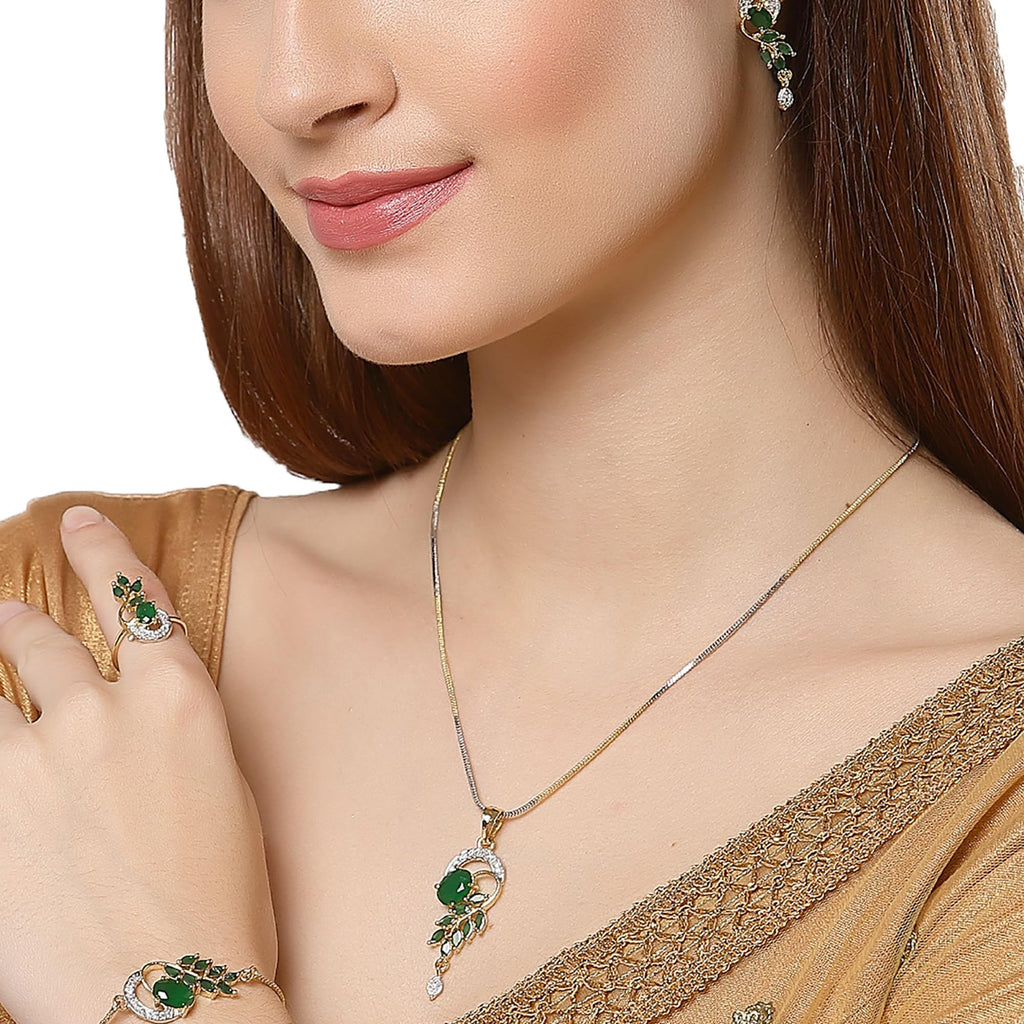 Alorajewels -  Jewellery Set American Diamond Gold Plated Traditional Style Necklace Pendant Set, Ring, Bracelet with Earring Jewellery for Women and Girls