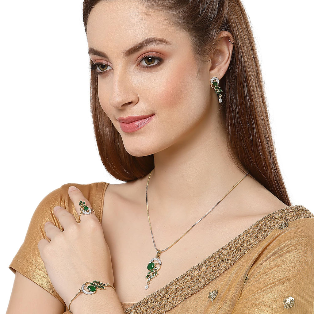 Alorajewels -  Jewellery Set American Diamond Gold Plated Traditional Style Necklace Pendant Set, Ring, Bracelet with Earring Jewellery for Women and Girls