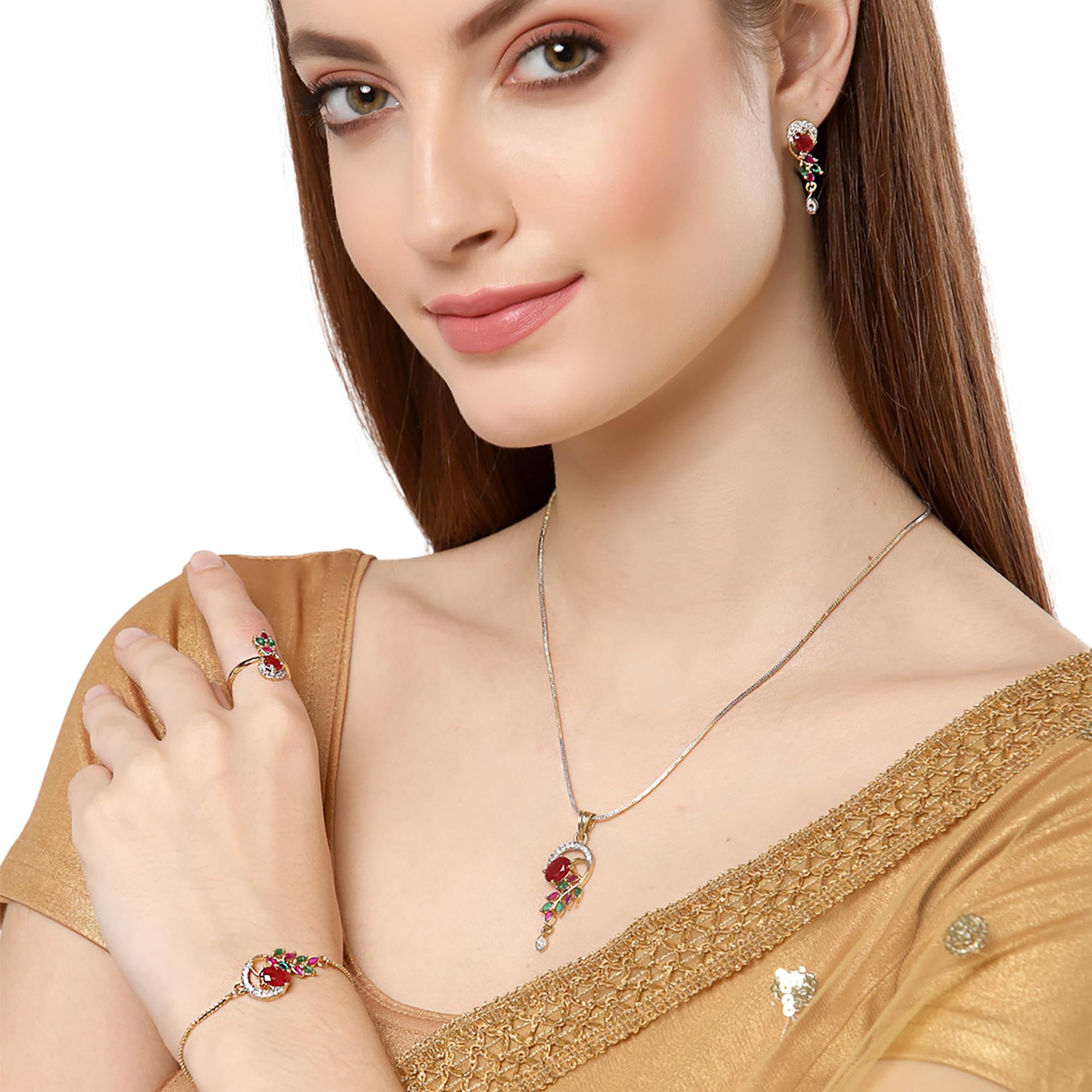 Alorajewels -  Jewellery Set American Diamond Gold Plated Traditional Style Necklace Pendant Set, Ring, Bracelet with Earring Jewellery for Women and Girls