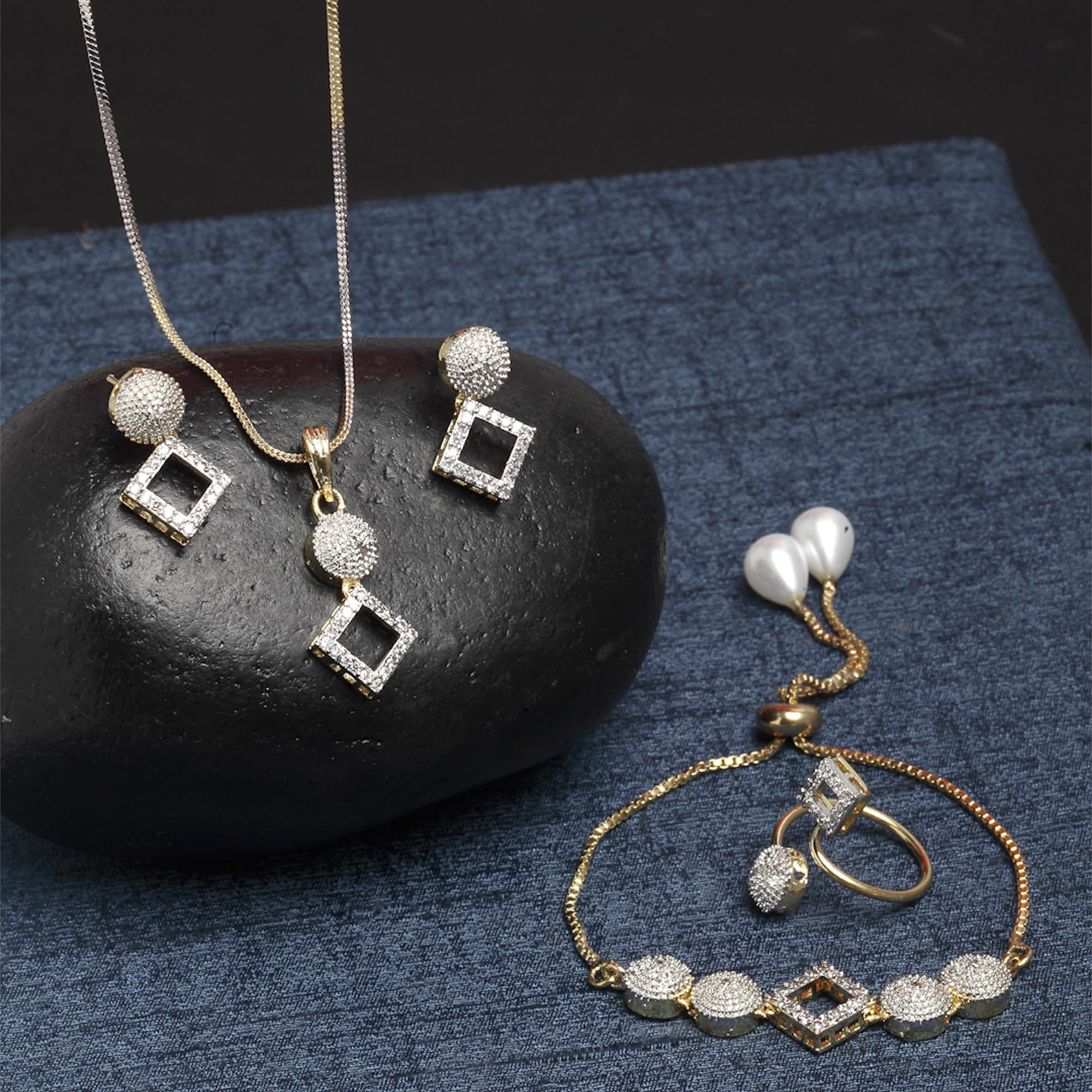 Alorajewels - Jewellery Set for Women American Diamond Necklace Set with Earrings, Bracelet and Ring Jewellery for Girls and Women