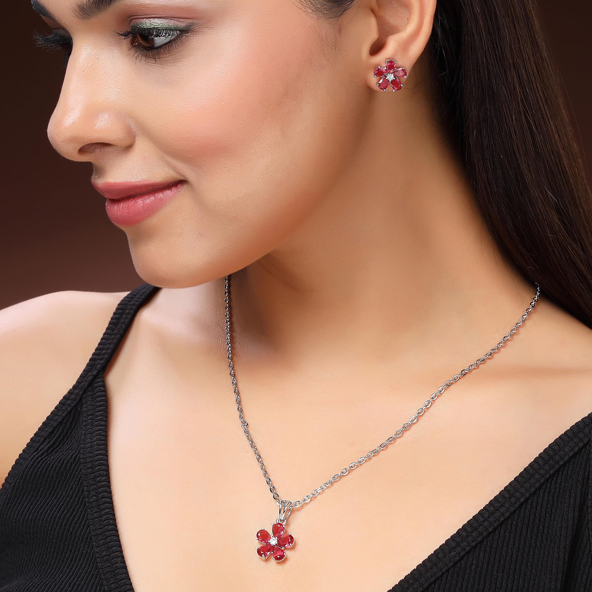 Alorajewels - Rhodium Plated Silver Toned American Diamond Studded Floral Shaped Pendant Chain With Earrings Jewellery Set For Women And Girls