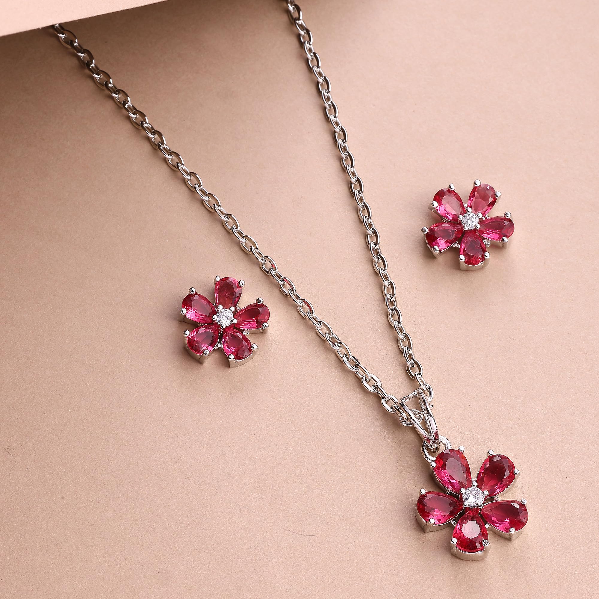 Alorajewels - Rhodium Plated Silver Toned American Diamond Studded Floral Shaped Pendant Chain With Earrings Jewellery Set For Women And Girls