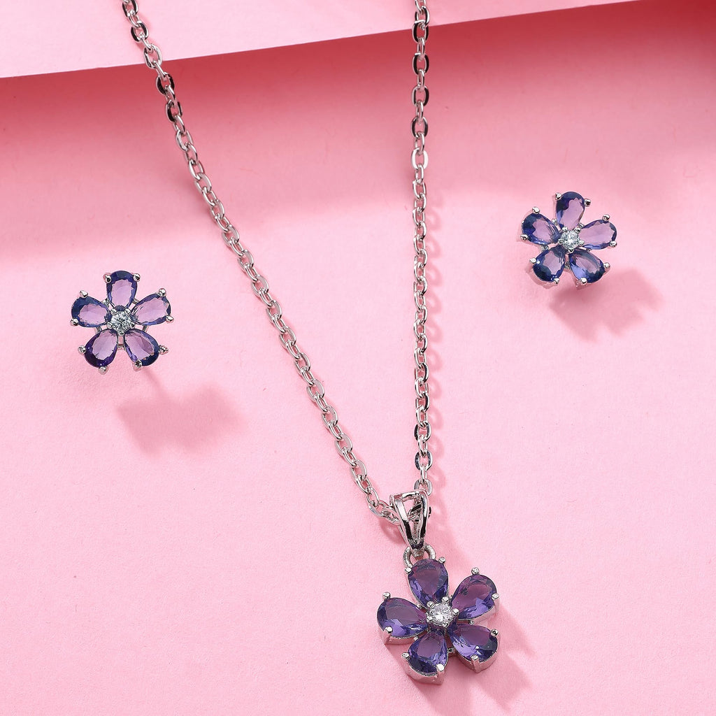 Alorajewels - Rhodium Plated Silver Toned American Diamond Studded Floral Shaped Pendant Chain With Earrings Jewellery Set For Women And Girls