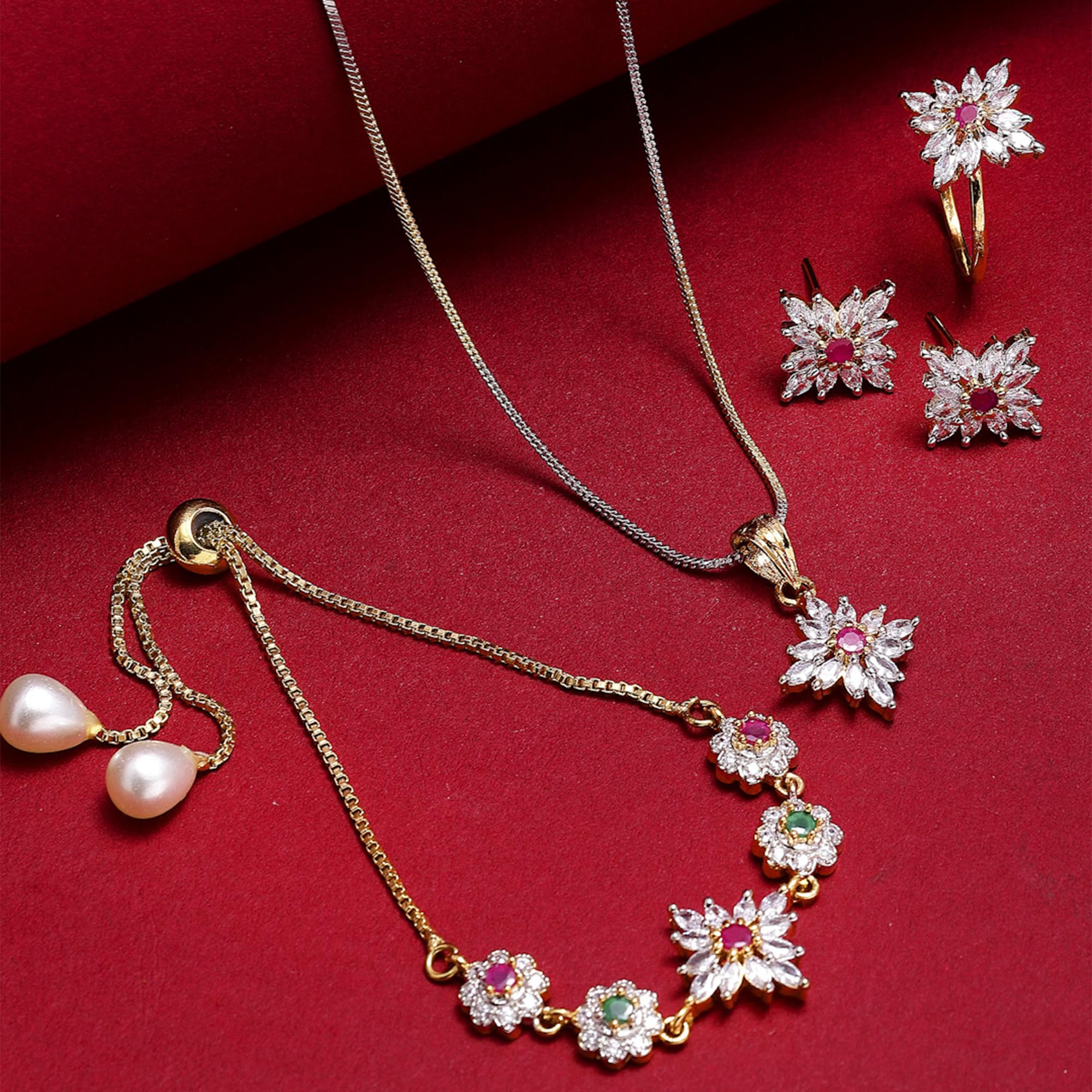 Alorajewels - Jewellery Set for Women American Diamond Necklace Set with Earrings, Bracelet and Ring Jewellery for Girls and Women