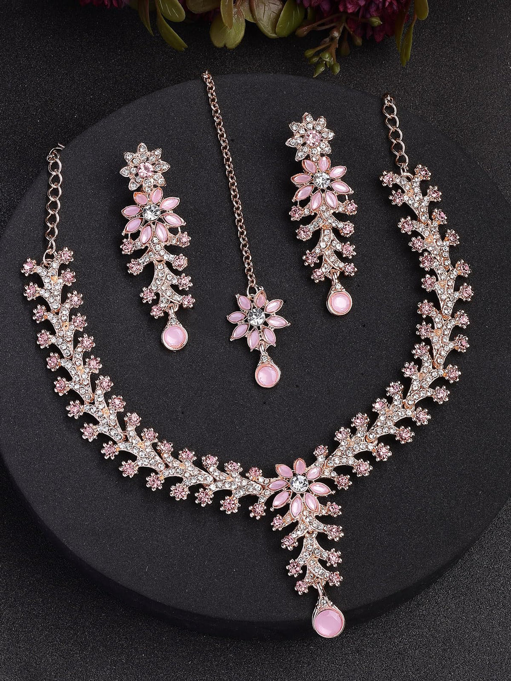 Sukkhi Charming AD Diamonds Studded Floral Choker Necklace with Danlge Earrings Maangtikka Jewellery Set for Women & Girls ALORAJEWELS
