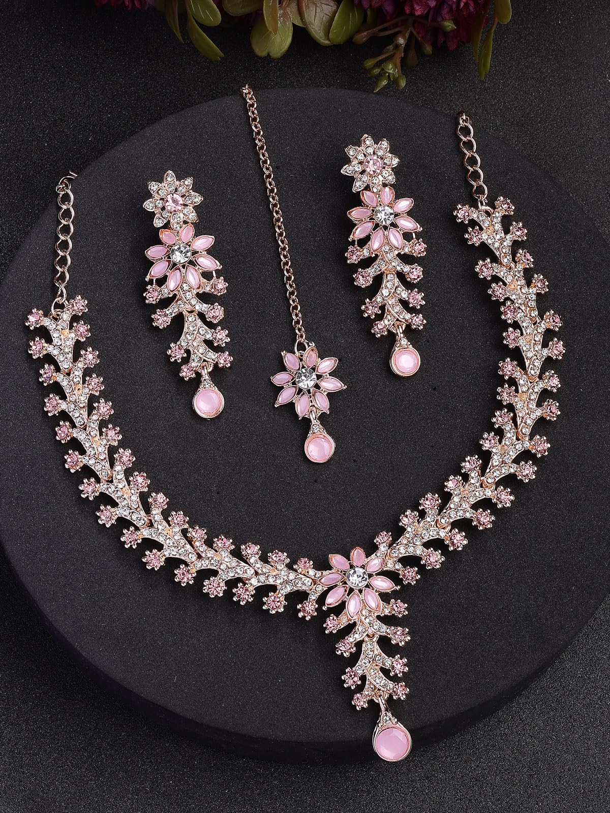 Sukkhi Charming AD Diamonds Studded Floral Choker Necklace with Danlge Earrings Maangtikka Jewellery Set for Women & Girls ALORAJEWELS