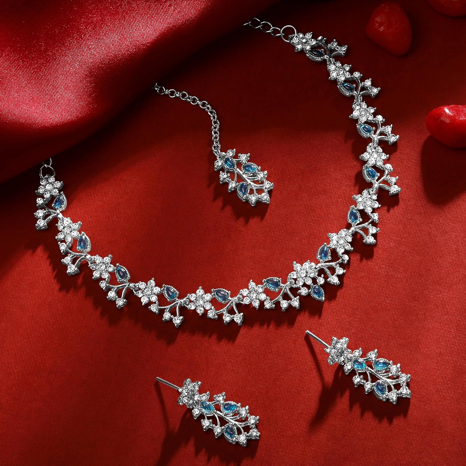 Alorajewels -  American Diamond AD with Colorful Crystal Necklace Jewellery Set for Women/Girls | Perfect for Weddings, Parties & Festive Occasions