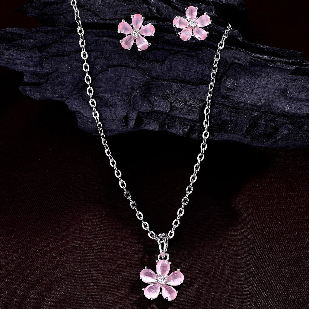 Alorajewels - Rhodium Plated Silver Toned American Diamond Studded Floral Shaped Pendant Chain With Earrings Jewellery Set For Women And Girls