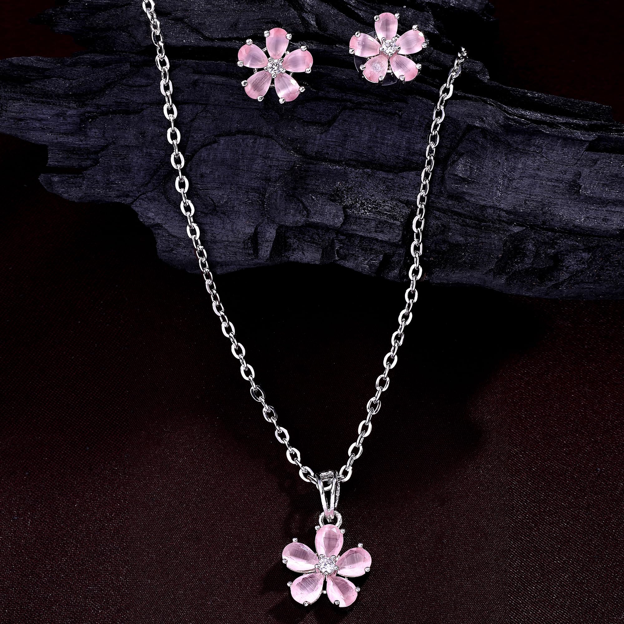 Alorajewels - Rhodium Plated Silver Toned American Diamond Studded Floral Shaped Pendant Chain With Earrings Jewellery Set For Women And Girls