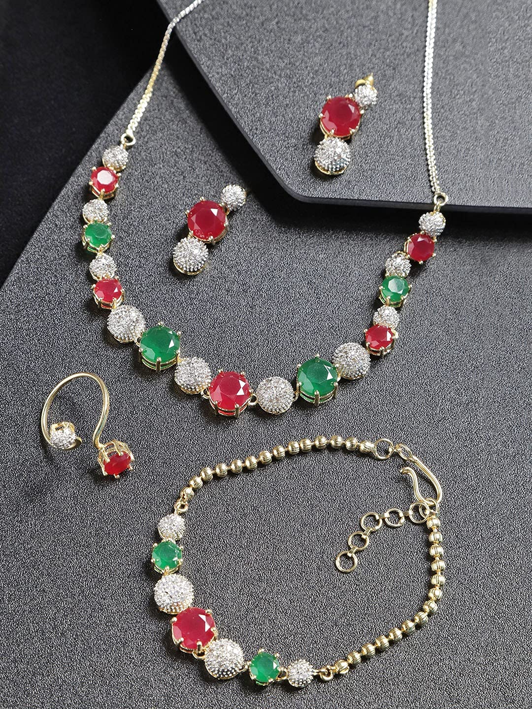 YouBella Jewellery Set for Women American Diamond Combo of Choker Necklace Set with Earrings, Bracelet and Ring for Girls and Women ALORAJEWELS