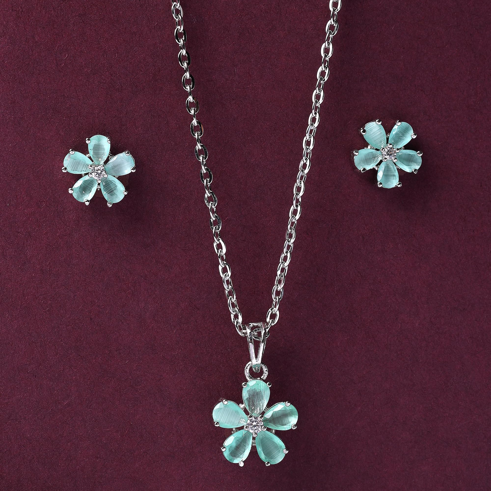 Alorajewels - Rhodium Plated Silver Toned American Diamond Studded Floral Shaped Pendant Chain With Earrings Jewellery Set For Women And Girls